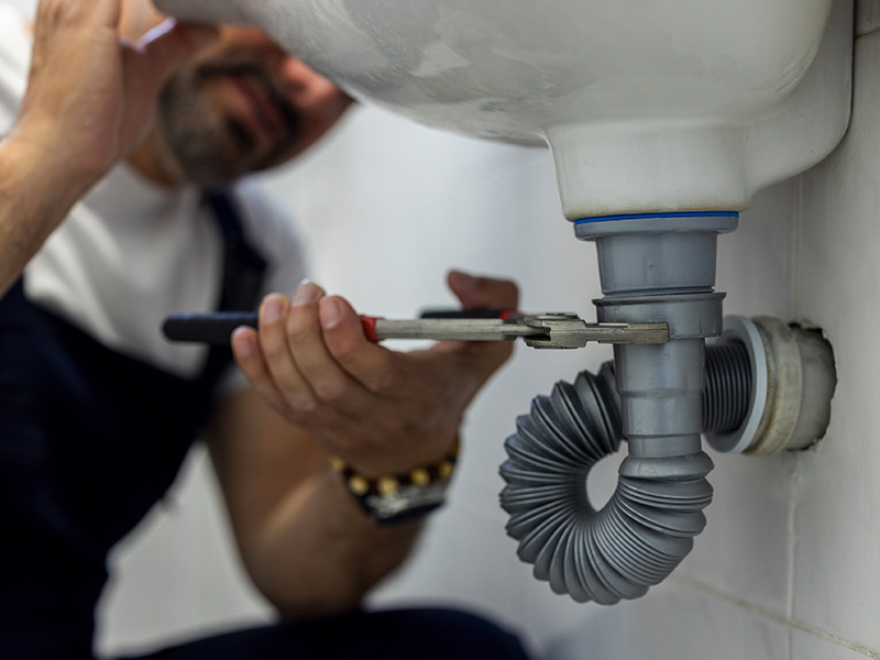 Plumber using a wrench to remove pipe under a sink.